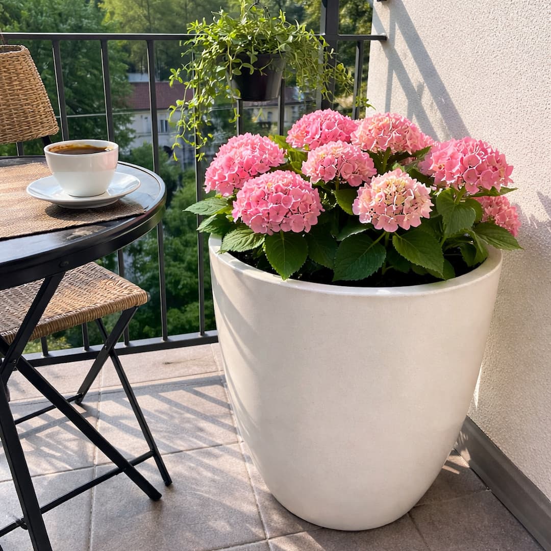KI-erstellte Abbildung: Runder konischer Pflanzkübel in Perlmuttweiß mit rosa Hortensien auf einem Balkon neben Bistrotisch mit Kaffeetasse