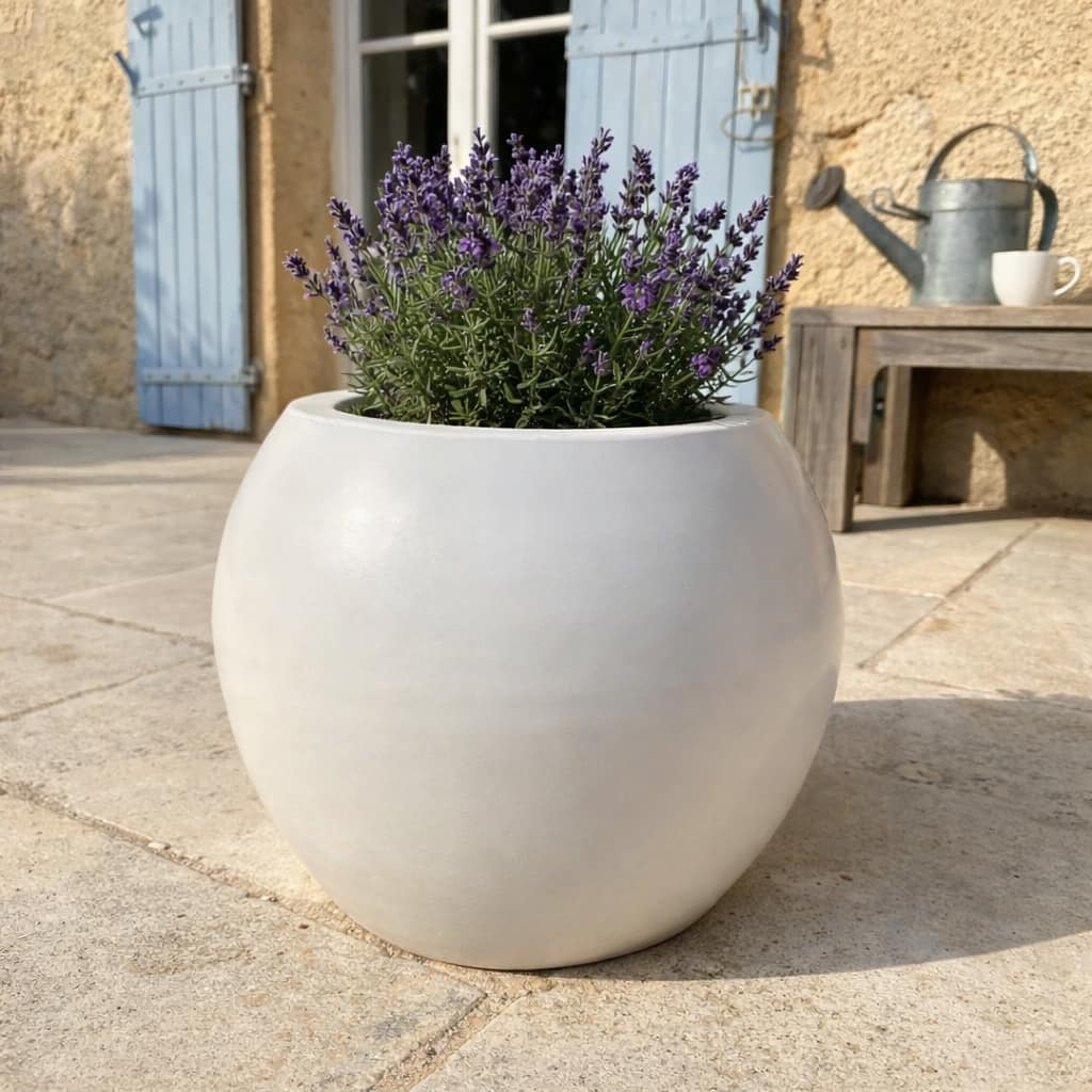 Pflanzkübel in Kugelform in Perlmuttweiß mit blühendem Lavendel auf Steinterrasse vor Haus mit blauen Fensterläden