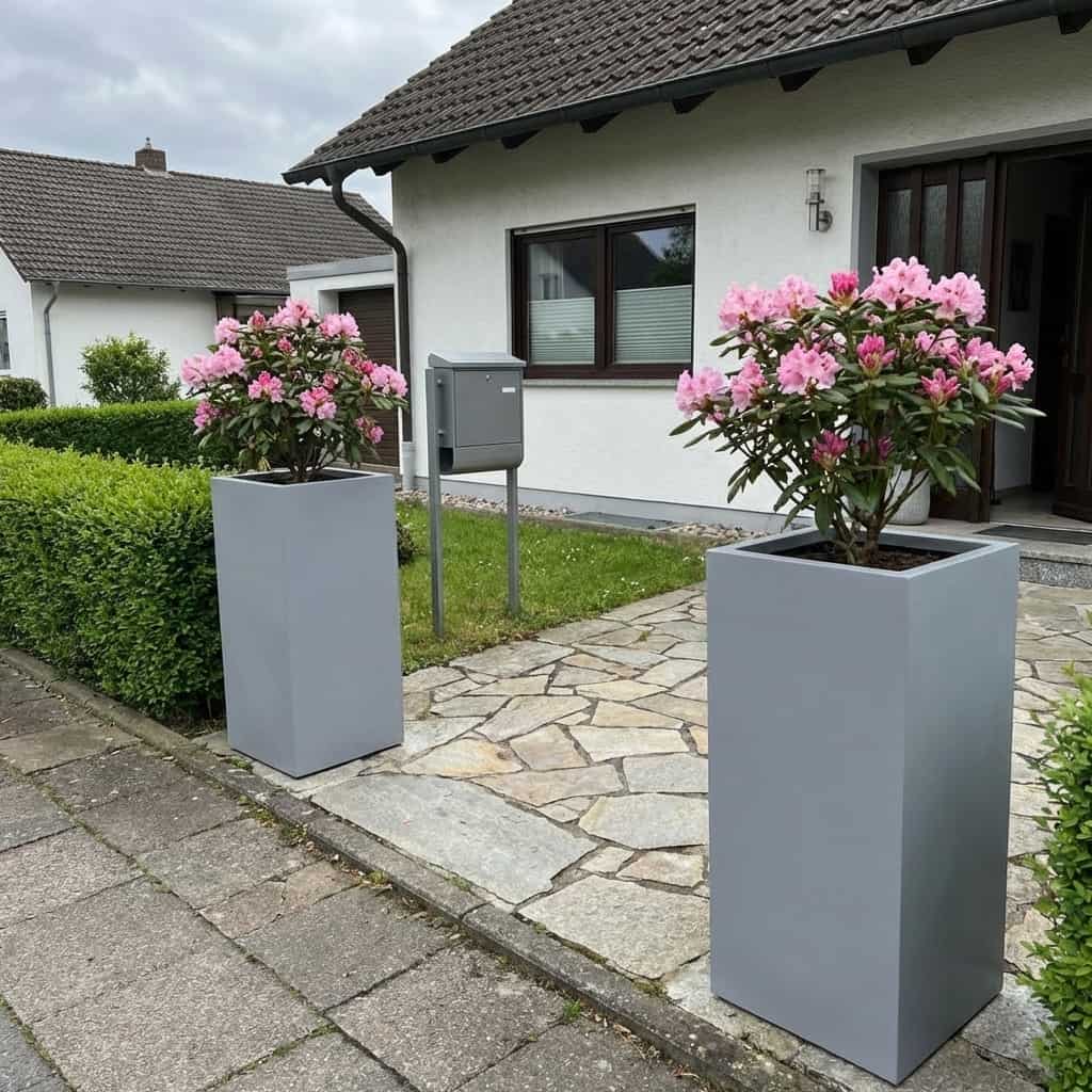 Zwei graue Pflanzsäulen aus Fiberglas mit rosa blühendem Rhododendron am gepflasterten Weg vor einem Hauseingang