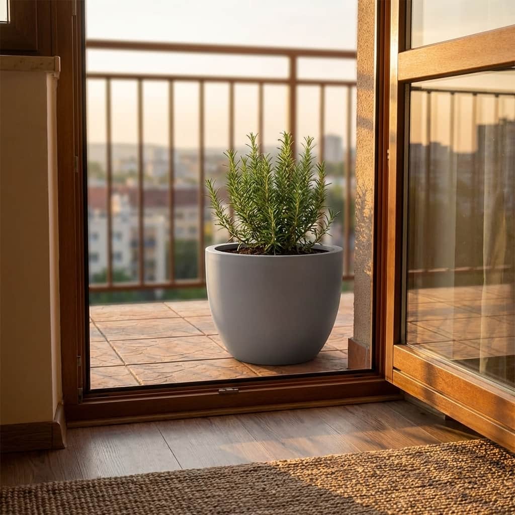 KI-erstellte Abbildung: Grauer runder Pflanzkübel aus Fiberglas mit Rosmarin auf einem Balkon, Blick durch die offene Tür bei Abendsonne